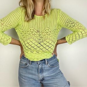 NWOT! JEANNE PIERRE Crochet Open Knit Sweater, Citrine/Lime Green, sz M